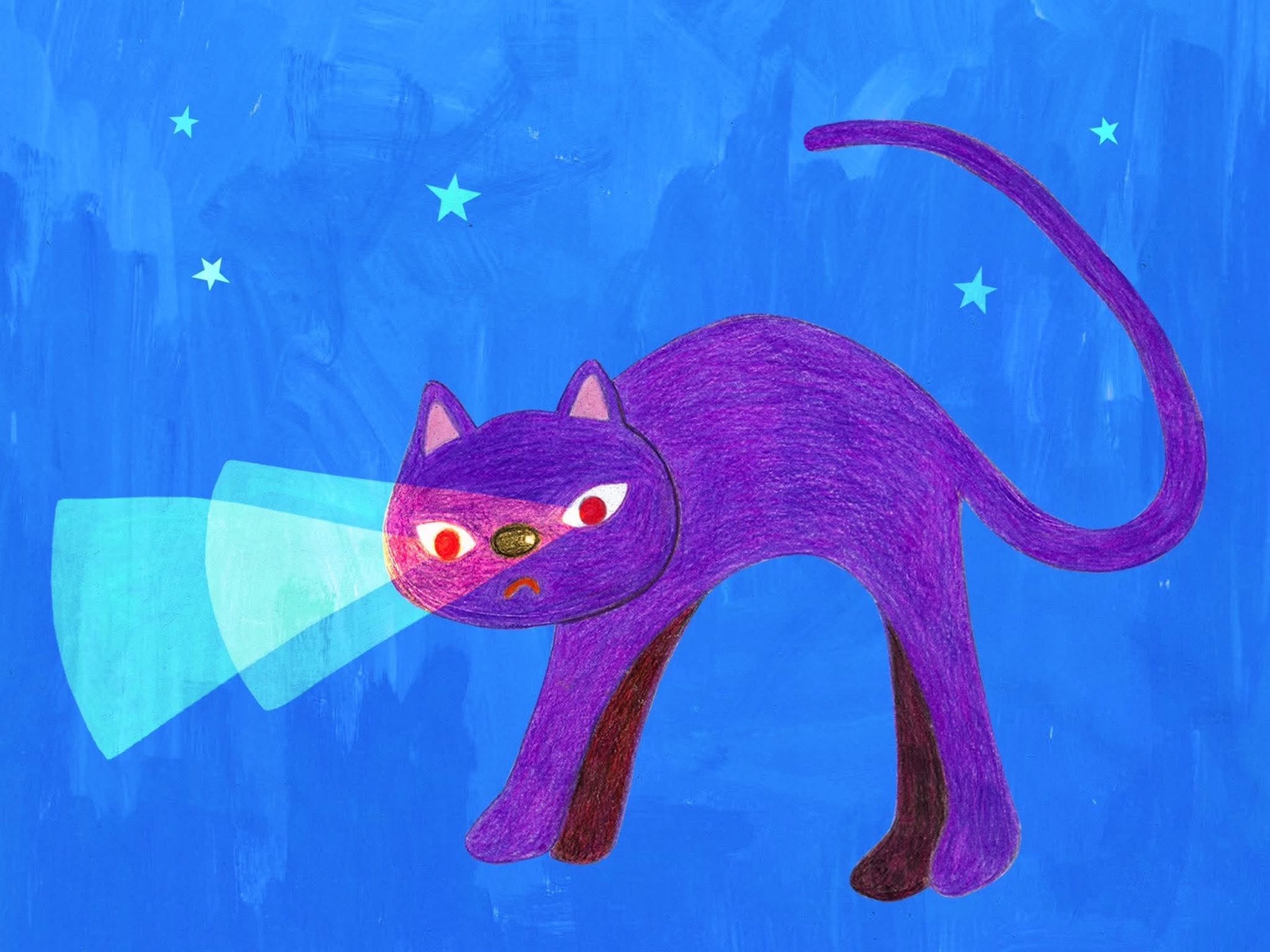 夜空の下で目を光らせるよるしるべキャットのイラスト