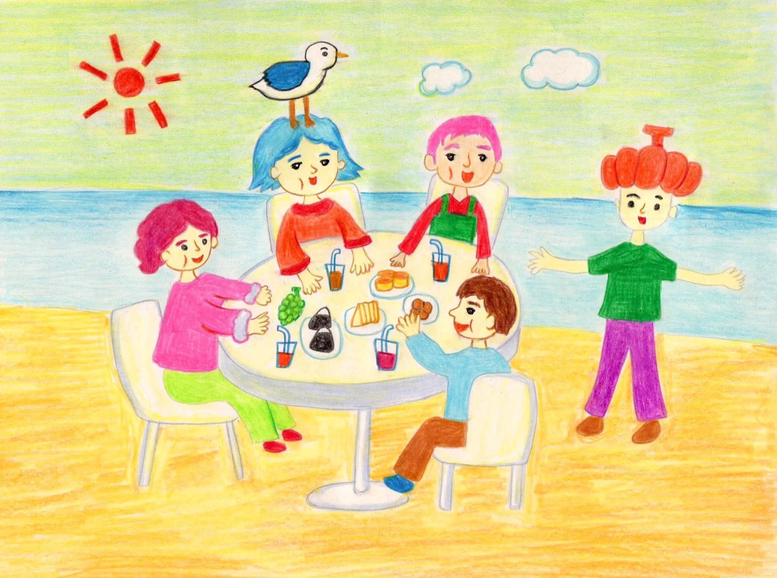 浜辺のテーブルを囲んでおしゃべりするおかあさんたちのイラスト
